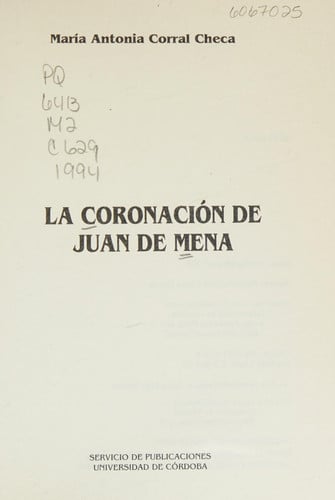 CORONACION DE JUAN DE MENA,LA, de CORRAL CHECA | portada del libro