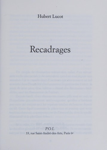 RECADRAGES, de Lucot | portada del libro