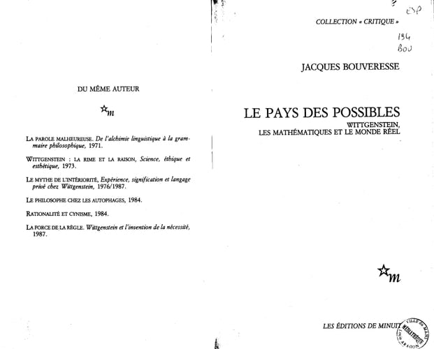LE PAYS DES POSSIBLES WITTGENSTEIN LES MATHEMATIQUES ET LE M, de Bouveresse | portada del libro