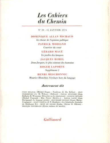 LES CAHIERS DU CHEMIN 20 15 JANVIER 1974, de Collectifs | portada del libro