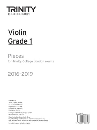 VIOLIN EXAM PIECES GRADE 1 2016-2019 PART ONLY, de TRINITY COLLEGE LONDON | portada del libro