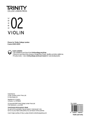 VIOLIN EXAM PIECES 2020-2023 GRADE 2 PART ONLY, de Trinity College London | portada del libro