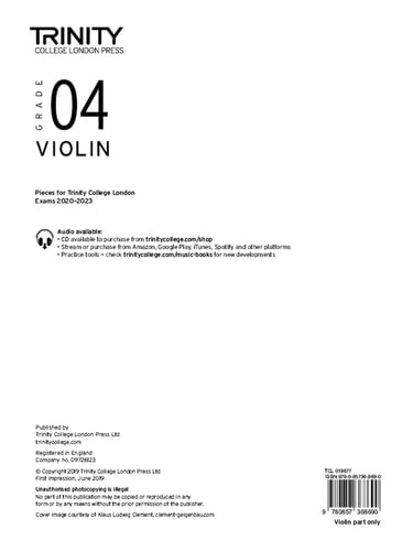 VIOLIN EXAM PIECES 2020-2023 GRADE 4 PART ONLY, de Trinity College London | portada del libro