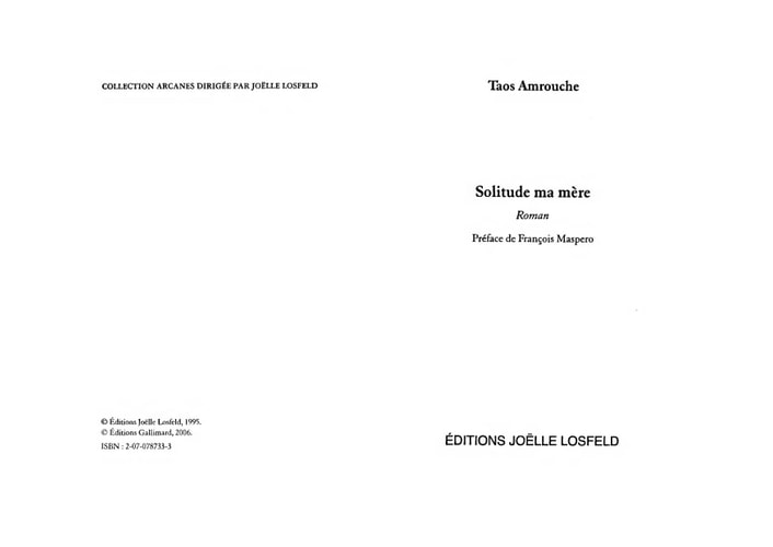 SOLITUDE MA MERE, de Taos Amrouche | portada del libro