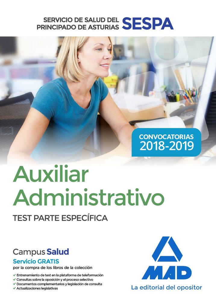 Auxiliar Administrativo del Servicio de Salud del Principado de Asturias (SESPA). Test Parte Específ, de Editores | portada d