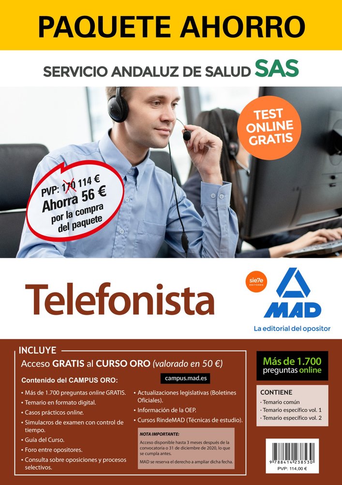PAQUETE AHORRO Y TEST ONLINE GRATIS TELEFONISTA DEL SERVICIO ANDALUZ DE SALUD. A, de VV.AA. | portada del libro