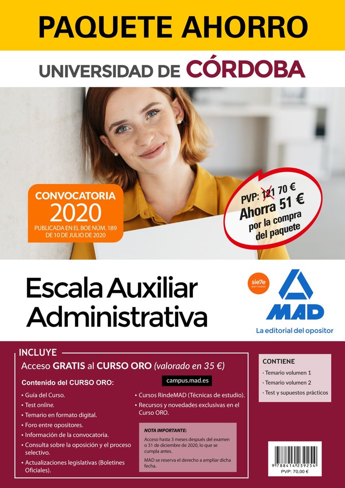 PAQUETE AHORRO ESCALA AUXILIAR ADMINISTRATIVA DE LA UNIVERSIDAD DE CORDOBA. AHOR, de VV.AA. | portada del libro