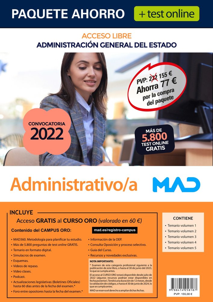 PAQUETE AHORRO + TEST ONLINE ADMINISTRATIVO/A (LIBRE) ADMINI, de GONZALEZ RABANAL | portada del libro