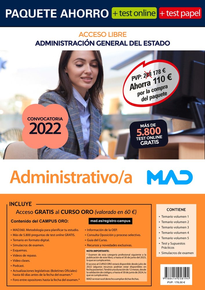 PAQUETE AHORRO + TEST PAPEL ADMINISTRATIVO/A (LIBRE) ADMINIS, de GONZALEZ RABANAL | portada del libro