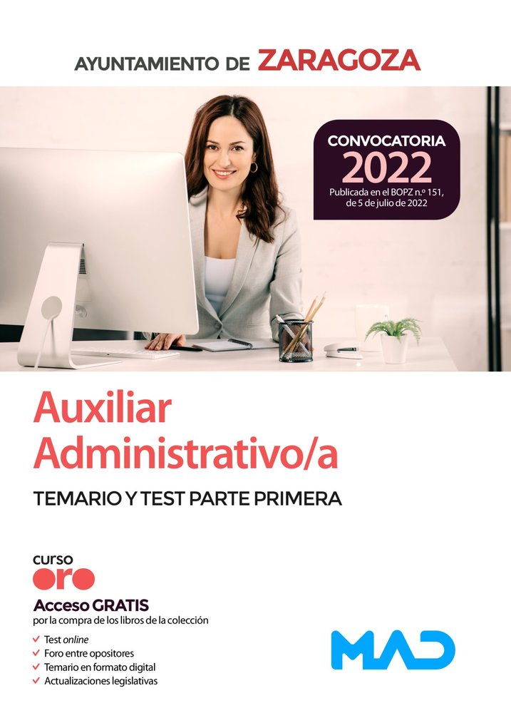 Auxiliar Administrativo/a del Ayuntamiento de Zaragoza. Temario y test de la Parte primera | portada del libro