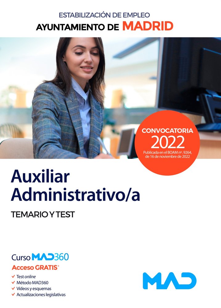 AUXILIAR ADMINISTRATIVO AYUNTAMIENTO MADRID TEMARIO Y TEST | portada del libro