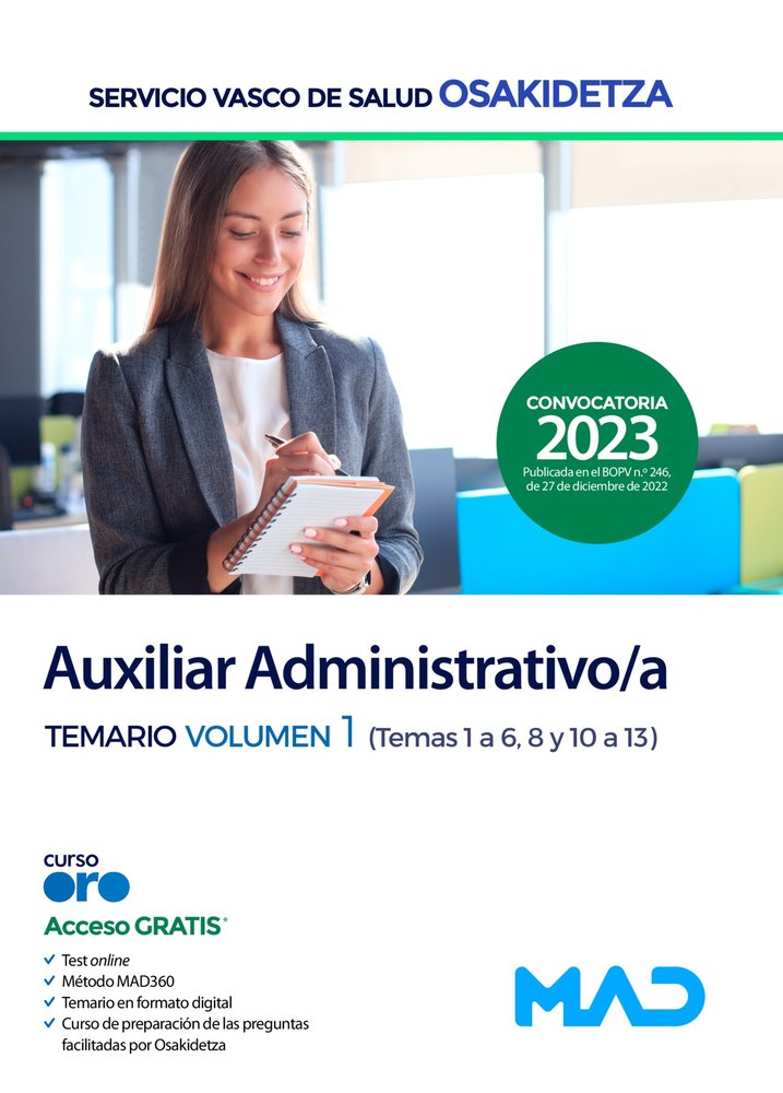 Auxiliar Administrativo/a de Osakidetza-Servicio Vasco de Salud. Temario volumen 1 (temas 1-6, 8 y 1, de 7 EDITORES | portada