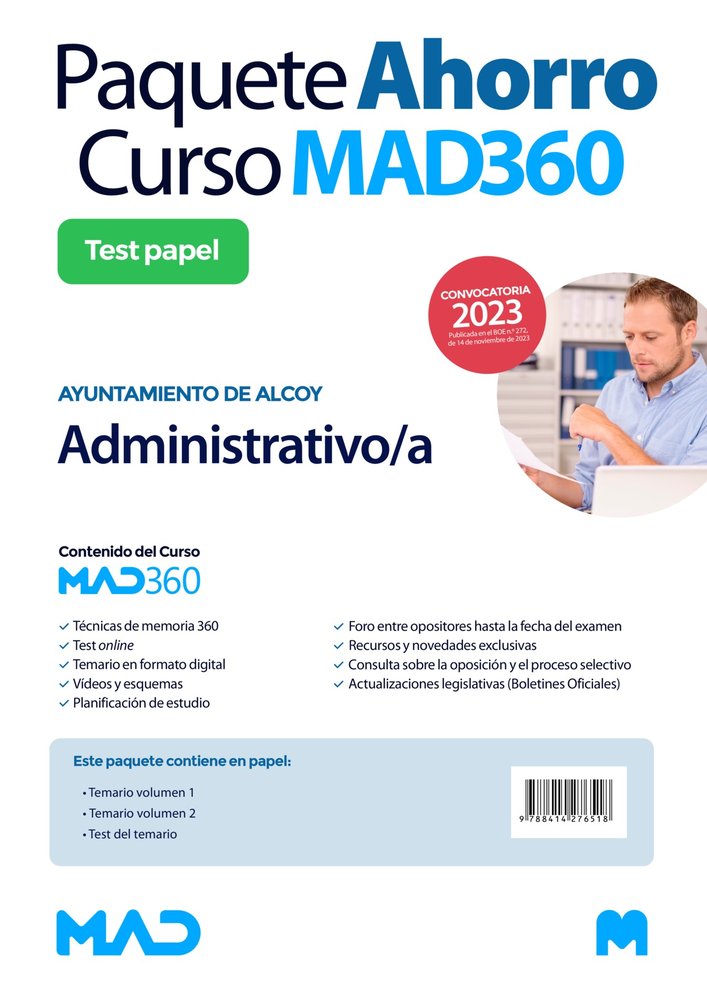 Oposiciones Administrativo/a del Ayuntamiento de Alcoy. Paquete Ahorro de Libros y Curso MAD360, de PEREZ SANCHEZ-ROMATE | po