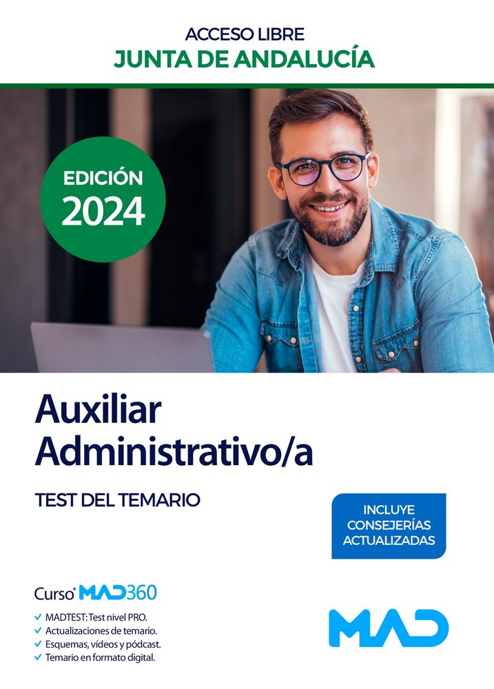AUXILIAR ADMINISTRATIVO TEST DEL TEMARIO ACCESO LIBRE JUNTA DE ANDALUCIA 2024 | portada del libro