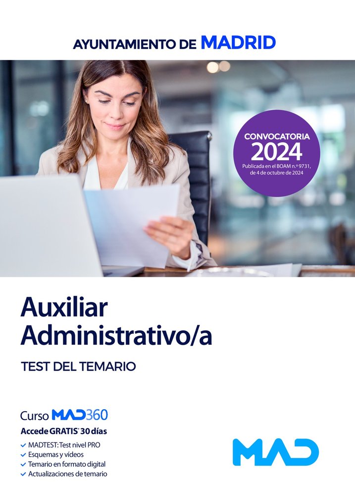 AUXILIAR ADMINISTRATIVO AYUNTAMIENTO MADRID TEST DEL TEMARIO | portada del libro