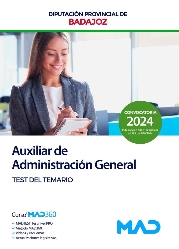 AUXILIAR ADMINISTRACION GENERAL TEST TEMARIO DIP PRO BADAJO, de AA.VV. | portada del libro