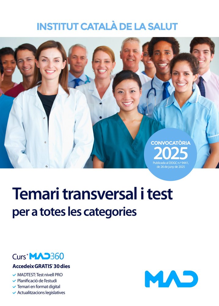 INSTITUT CATALA DE LA SALUT. TEMARI TRANSVERSAL I TEST PER A TOTES LES CATEGORIE, de MAD | portada del libro