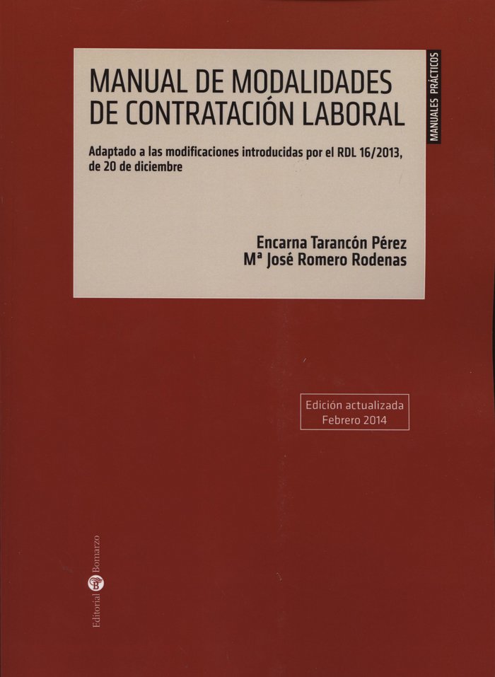 MANUAL DE MODALIDADES DE CONTRATACIóN LABORAL, de TARANCóN PéREZ | portada del libro