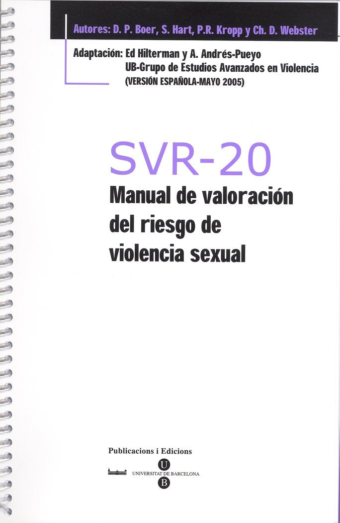 SVR-20 - Manual de valoración del riesgo de violencia sexual + Bloc protocolos de 25 hojas, de Hilterman | portada del libro