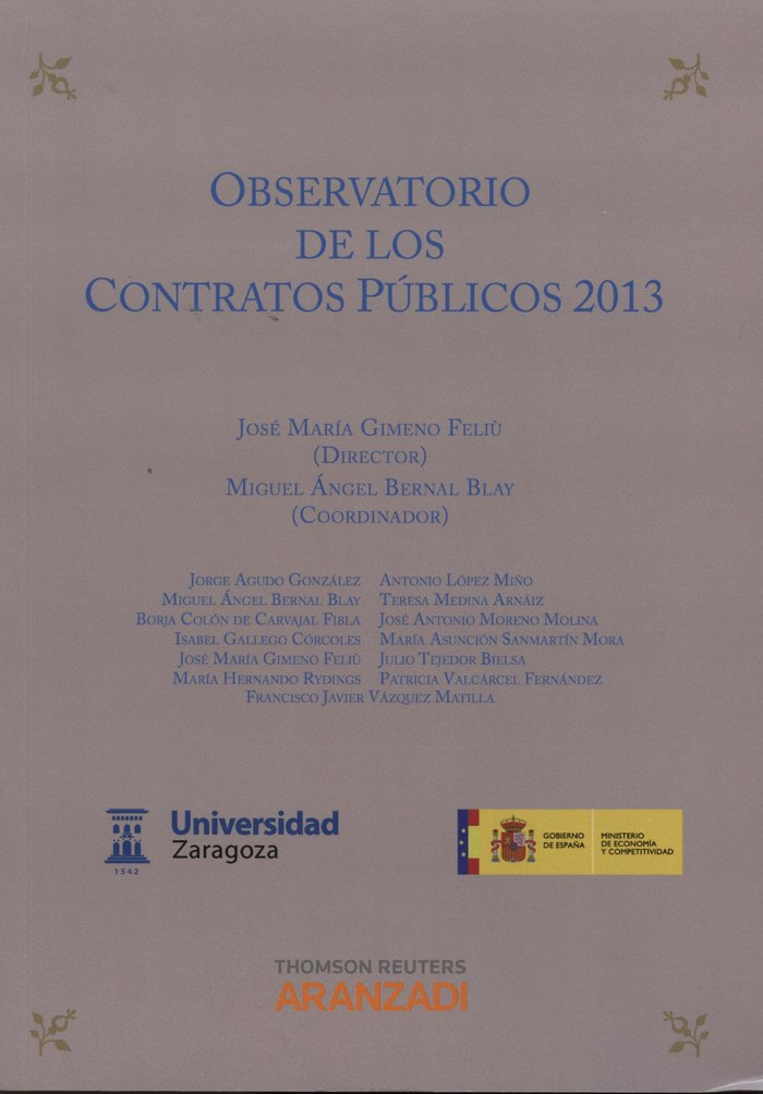 Observatorio de los Contratos Públicos 2013, de Gimeno Feliu, Jose María | portada del libro