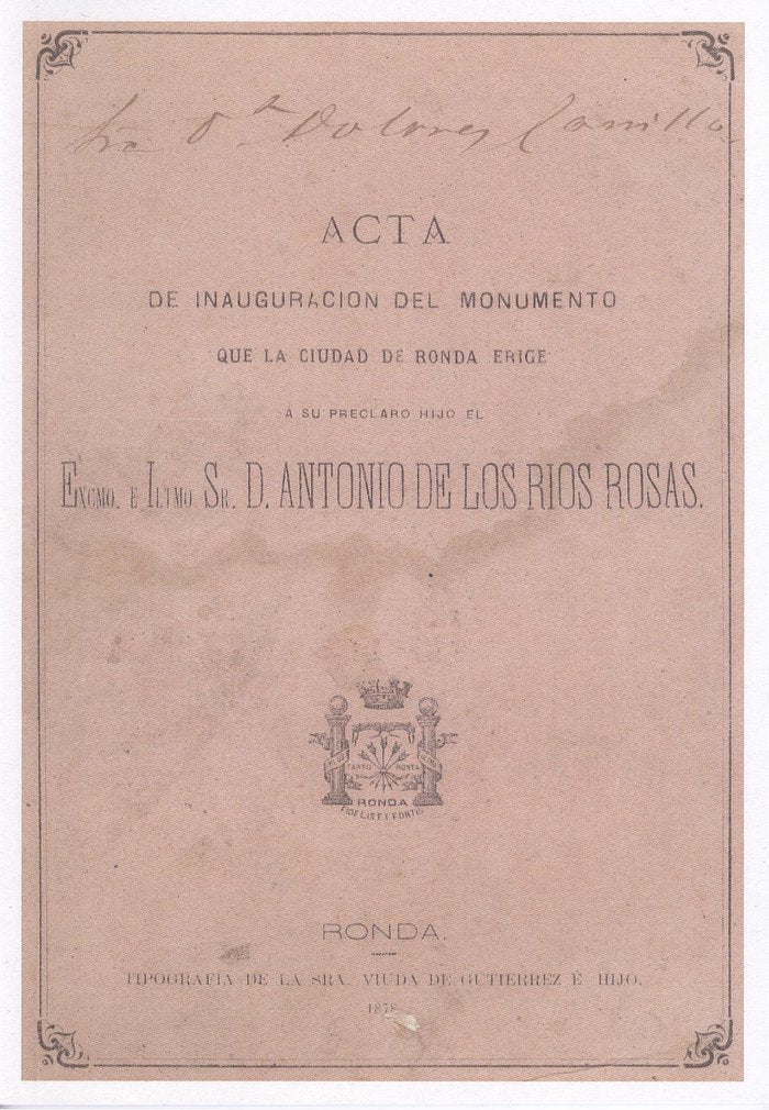 Acta de inauguración del monumento que la ciudad de Ronda erige a su preclaro hijo el Excmo. e Ilmo., de AA.VV. | portada del