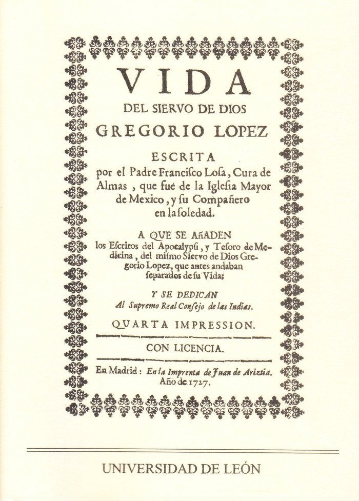Vida del siervo de Dios Gregorio López, de Losa, Francisco | portada del libro