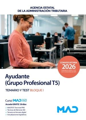 TEMARIO Y TEST BLOQUE I AYUDANTE (GRUPO PROFESIONAL T5), de Varios autores | portada del libro