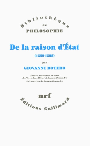 DE LA RAISON D'ETAT 1589-1598, de Giovanni Botero | portada del libro