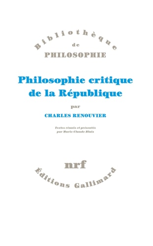 PHILOSOPHIE CRITIQUE DE LA REPUBLIQUE, de Charles Renouvier | portada del libro