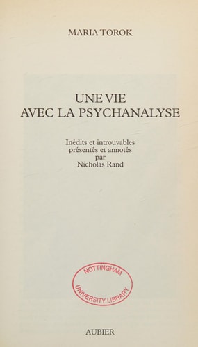 UNE VIE AVEC LA PSYCHANALYSE, de Torok | portada del libro