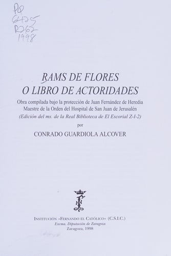 RAMS DE FLORES O LIBRO DE AUTORIDADES, de FERNANDEZ DE HEREDIA | portada del libro