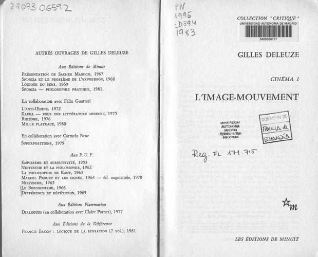 CINEMA 1 L IMAGE MOUVEMENT, de Deleuze | portada del libro
