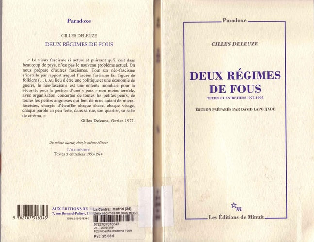 DEUX REGIMES DE FOUS ET AUTRES TEXTES 1975 1995, de Gilles Deleuze | portada del libro