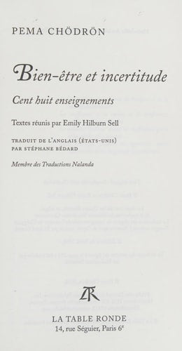 BIEN-ETRE ET INCERTITUDE, de Pema Chödrön | portada del libro