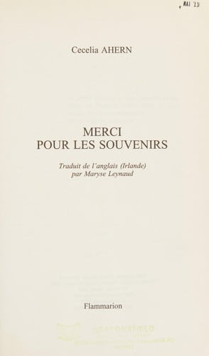 ERCI POUR LES SOUVENIRS, de AHERN CECELIA | portada del libro