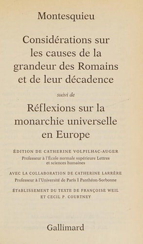 CONSIDERATIONS SUR LES CAUSES DE LA GRANDEUR DES ROMAINS ET, de Montesquieu | portada del libro