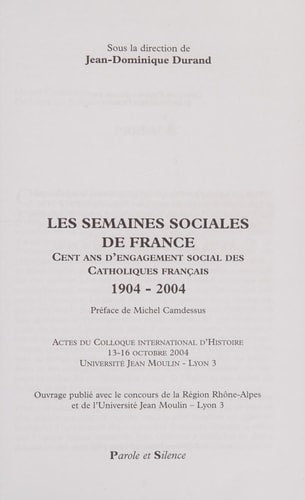SEMAINES SOCIALES DE FRANCE, de Durand jd | portada del libro