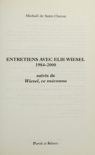 ENTRETIEN AVEC ELIE WIESEL, de Wiesel/s cheron | portada del libro