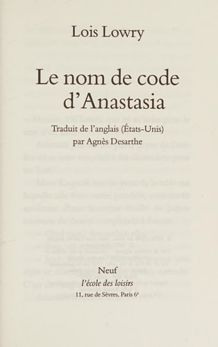 E NOM DE CODE D'ANASTASIA, de Lois Lowry | portada del libro