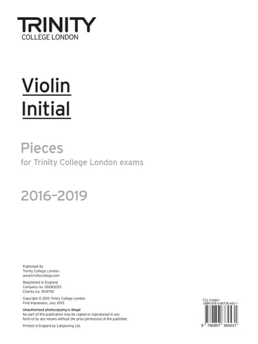 VIOLIN EXAM PIECES INITIAL 2016-2019 PART ONLY, de TRINITY COLLEGE LOND | portada del libro