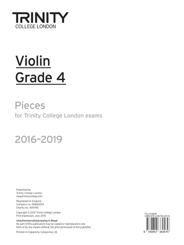VIOLIN EXAM PIECES GRADE 4 2016-2019 PART ONLY, de TRINITY COLLEGE LONDON | portada del libro