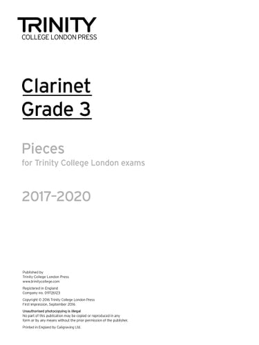 CLARINET EXAM PIECES GRADE 3 2017-2020 PART ONLY, de Trinity College London (approximately 1980- ) | portada del libro
