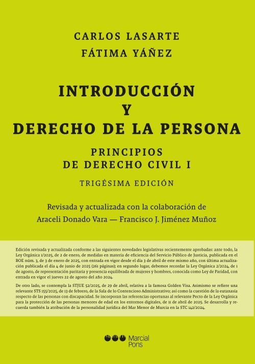 PRINCIPIOS DE DERECHO CIVIL I 2025. INTRODUCCION Y DERECHO DE LA PERSONA, de LASARTE ALVAREZ,CARLOS | portada del libro