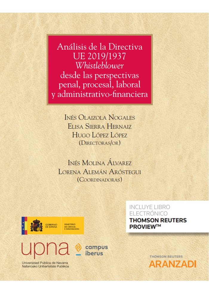 ANALISIS DE LA DIRECTIVA UE 2019 1937 WHISTLEBLOWER DESDE LA, de HUGO LOPEZ LOPEZ | portada del libro