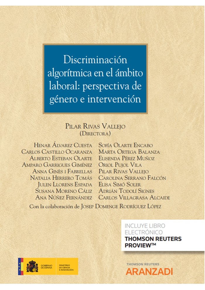 DISCRIMINACION ALGORITMICA EN EL AMBITO LABORAL: PERSPECTIVA, de PILAR RIVAS VALLEJO | portada del libro