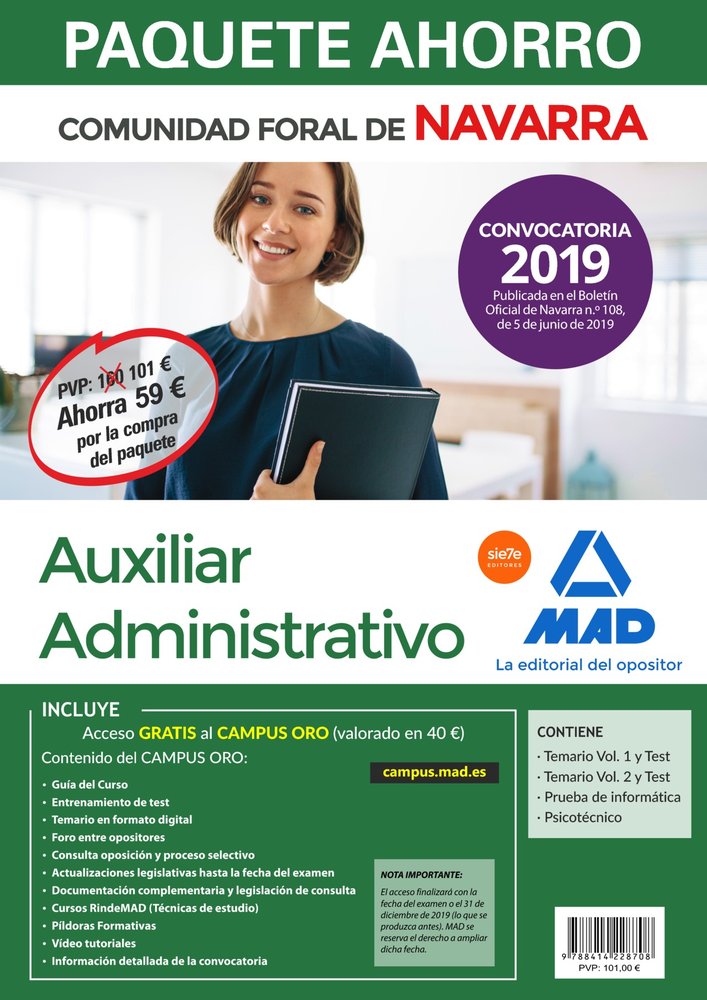 PAQUETE AHORRO AUXILIAR ADMINISTRATIVO DE LA COMUNIDAD FORAL DE NAVARRA. AHORRO, de NO DISPONIBLE | portada del libro
