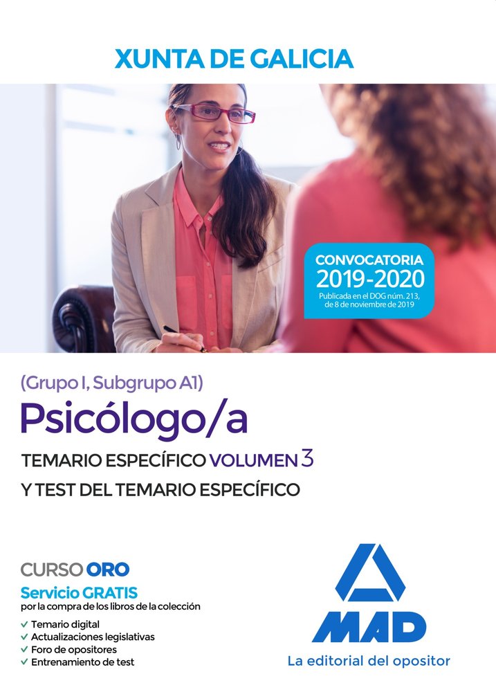 Psicólogo/a de la Xunta de Galicia (Grupo I, Subgrupo A1). Volumen 3 y Test del Temario específico, de Clavijo Gamero | porta