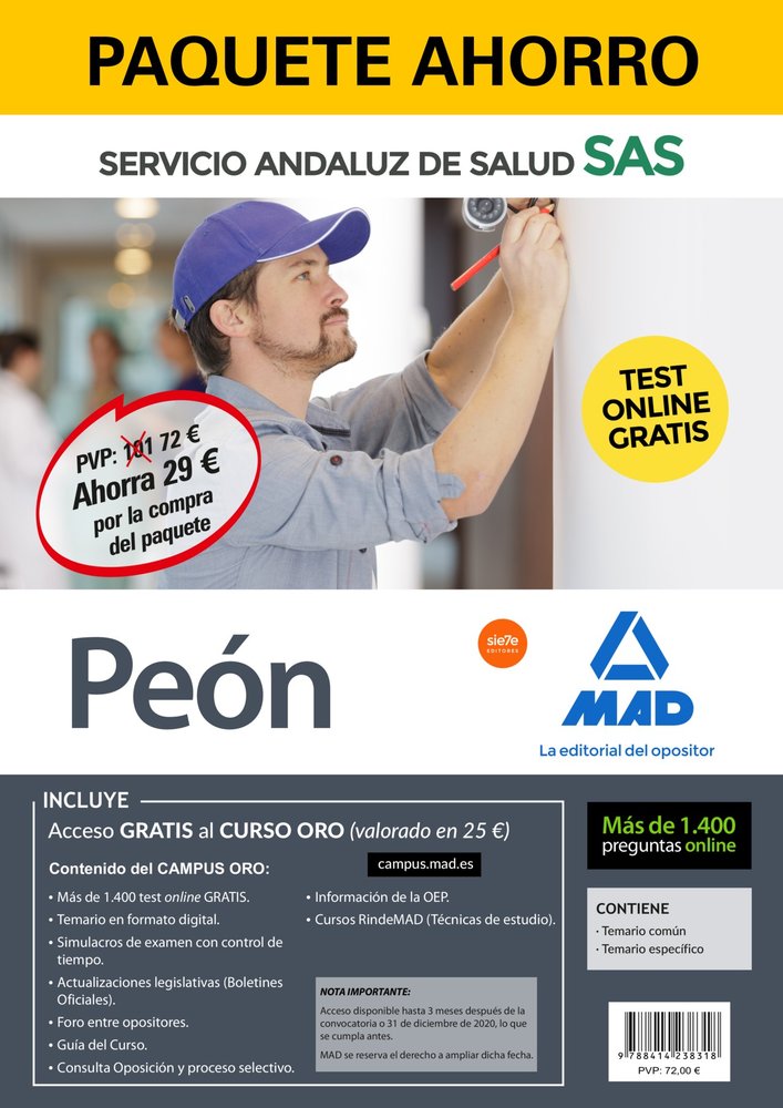 PAQUETE AHORRO Y TEST ONLINE GRATIS PEON DEL SERVICIO ANDALUZ DE SALUD. AHORRA 5, de VV.AA. | portada del libro