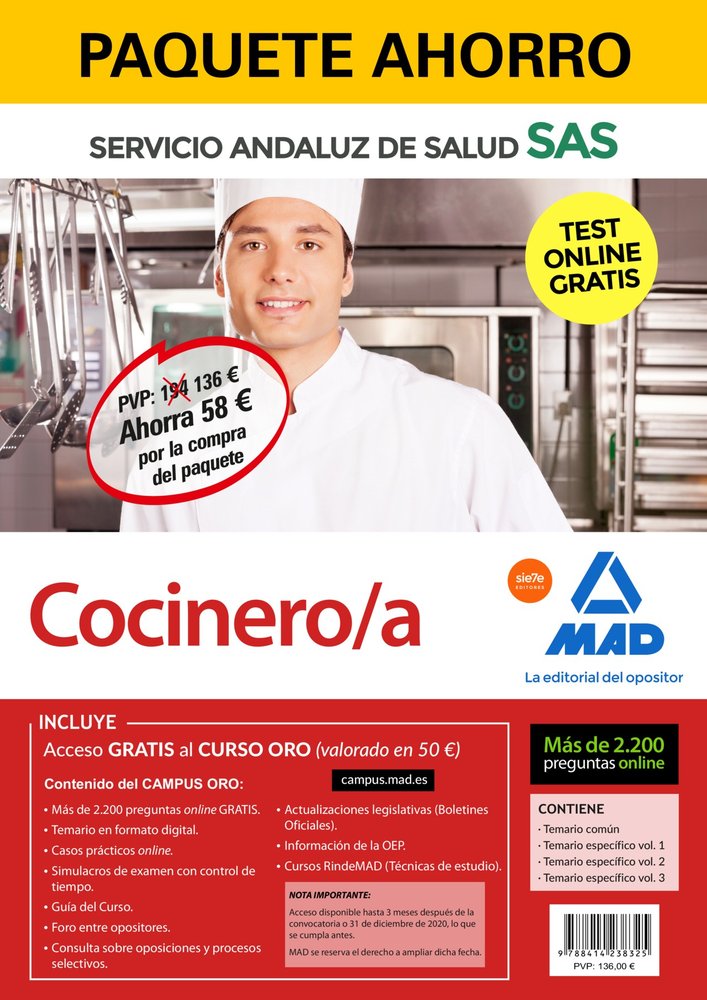 PAQUETE AHORRO Y TEST ONLINE GRATIS COCINERO/A DEL SERVICIO ANDALUZ DE SALUD. AH, de VV.AA. | portada del libro