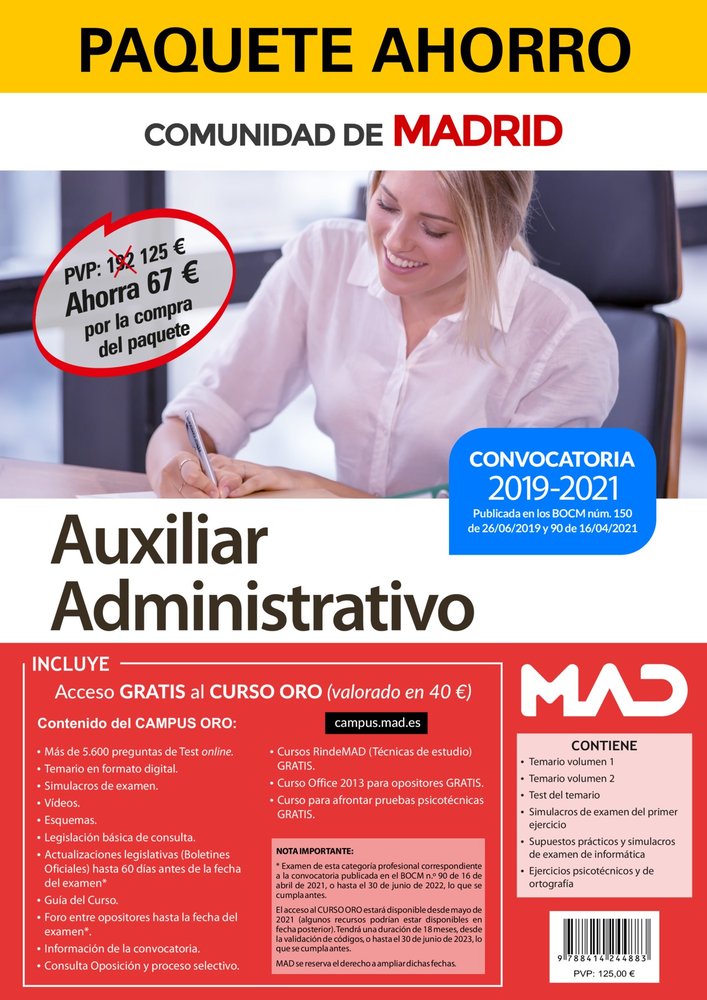PAQUETE AHORRO AUXILIAR ADMINISTRATIVO COMUNIDAD MADRID, de 7 EDITORES | portada del libro